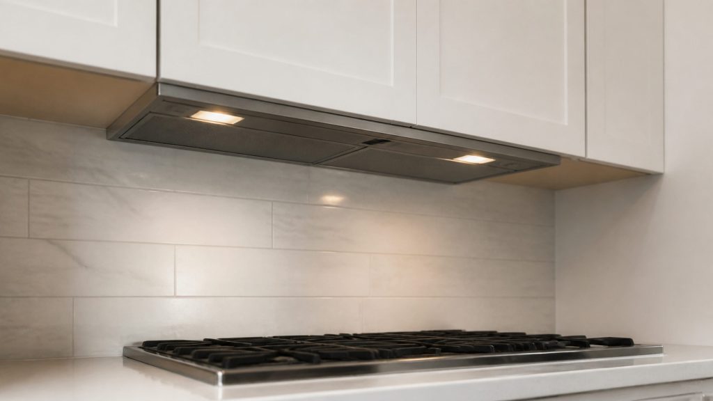 A low-profile under-cabinet ventilation hood tucked beneath a wall cabinet above a cooktop, its underside flat and its front edge slim.
