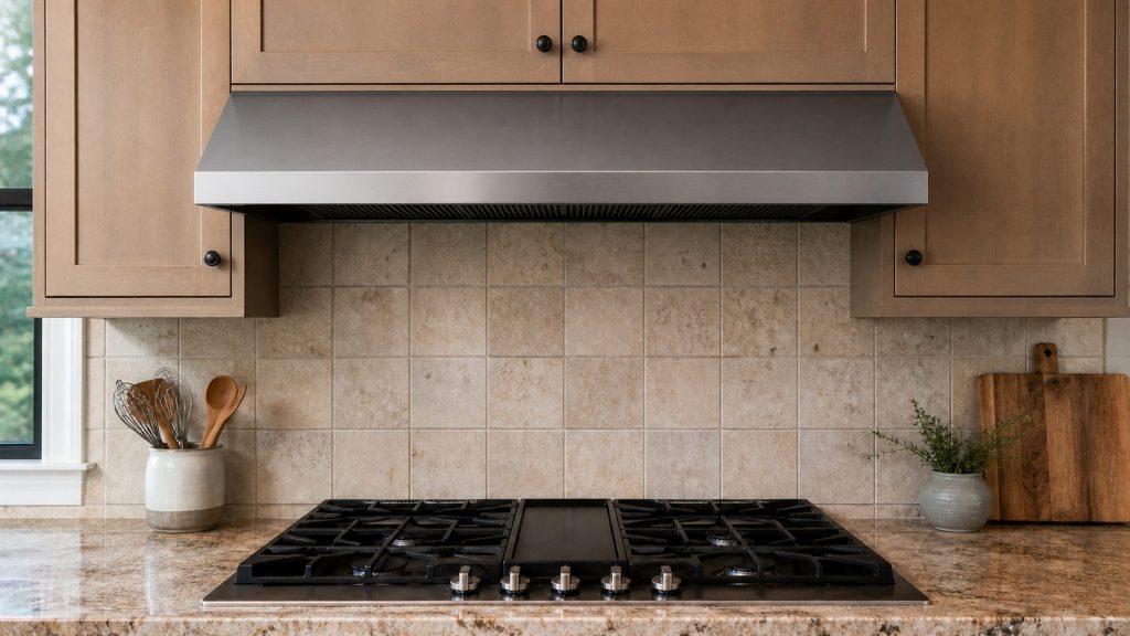 A 36-inch under-cabinet hood spanning the full width of the cooktop below it, wall cabinets on both sides, a tiled splashback behind.