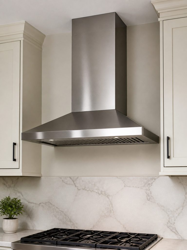 A 30-inch wall-mounted canopy hood with its chimney running up to the ceiling, standing clear of the cabinets on either side.
