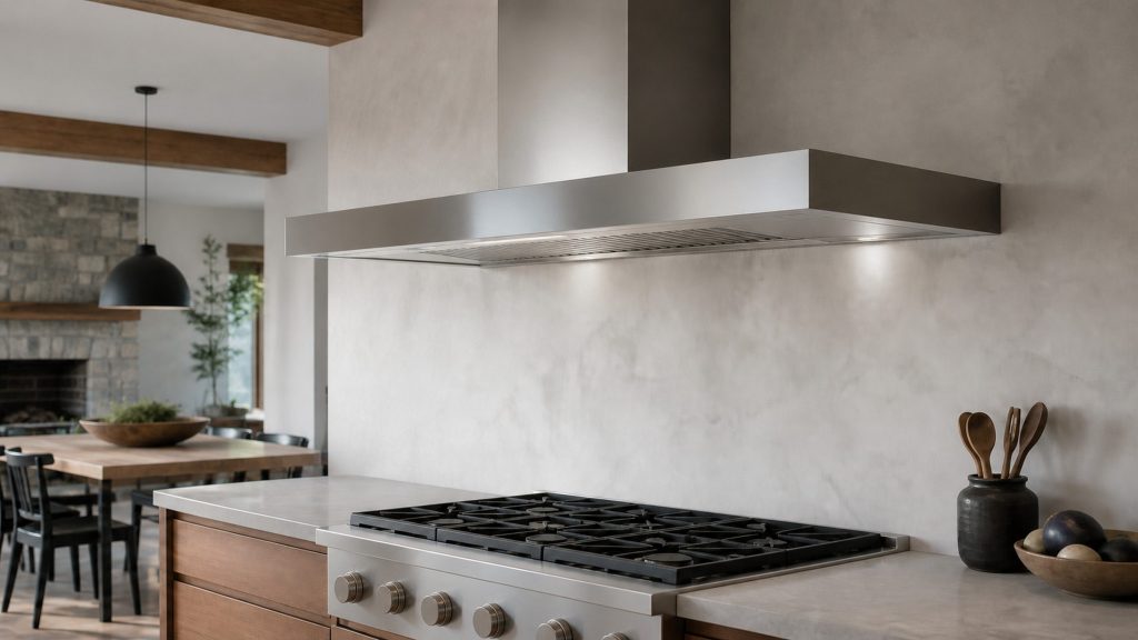 A wide wall-mounted canopy hood above a range in an open-plan kitchen, its chimney rising against a plaster wall, dining table beyond.