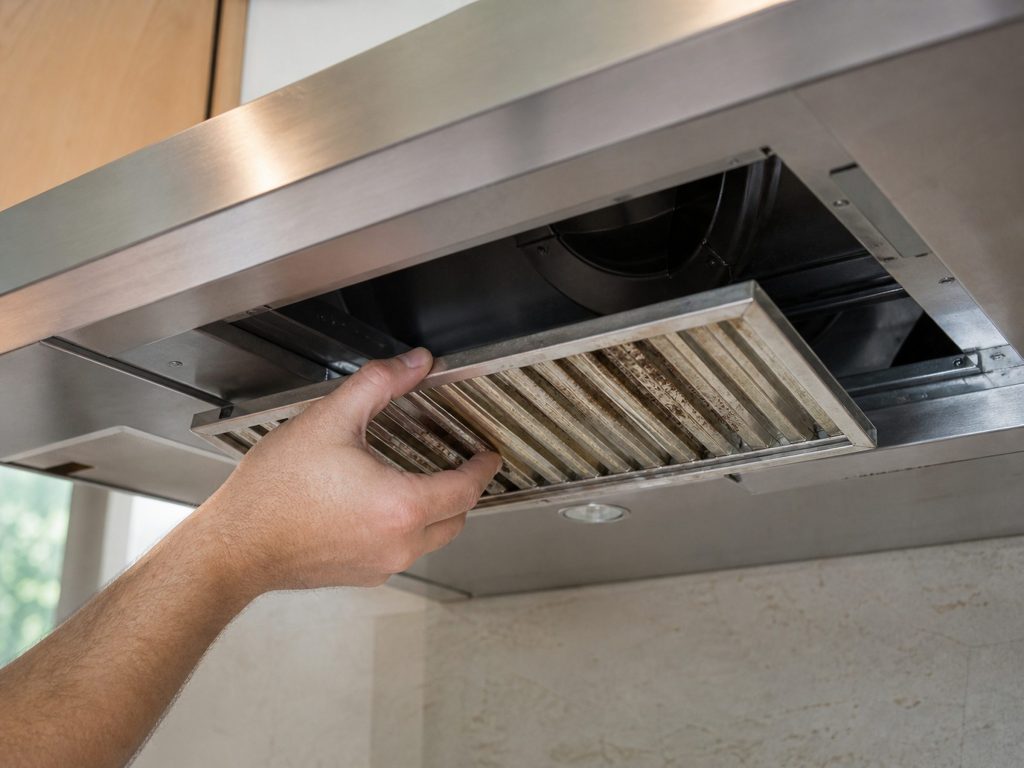 A hand sliding a greasy baffle filter out of a wall-mounted hood, the empty filter slot and the blower housing showing behind it.