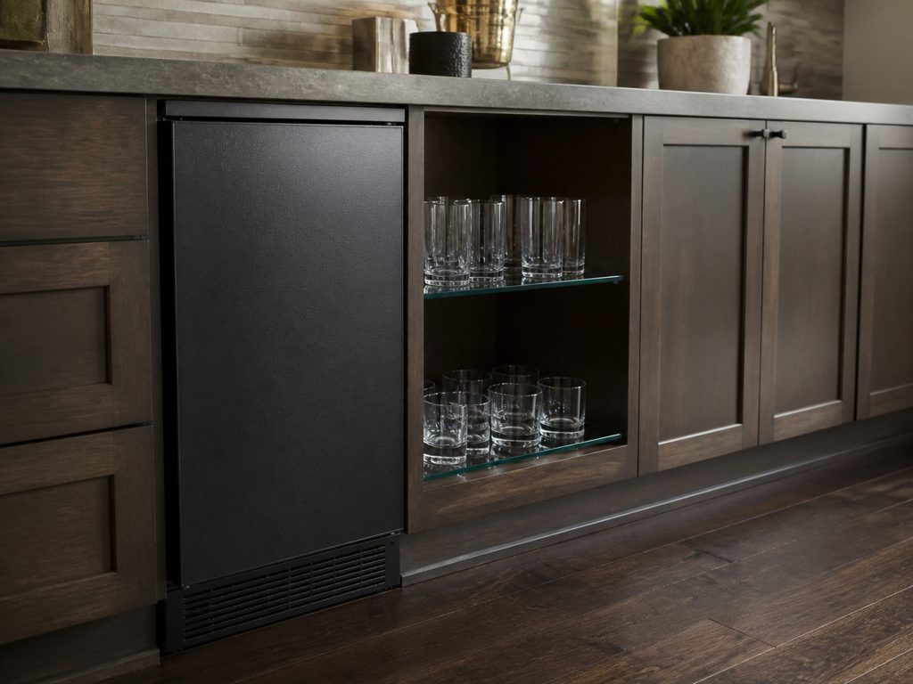 A 15-inch undercounter ice maker with a dark ore-finish front, set into a home bar run beside glass shelves of tumblers.