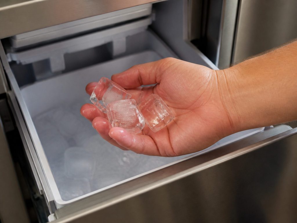 A cupped hand lifting a few large clear ice cubes out of the bin of a 15-inch undercounter ice maker, the rest of the bin below in soft focus.