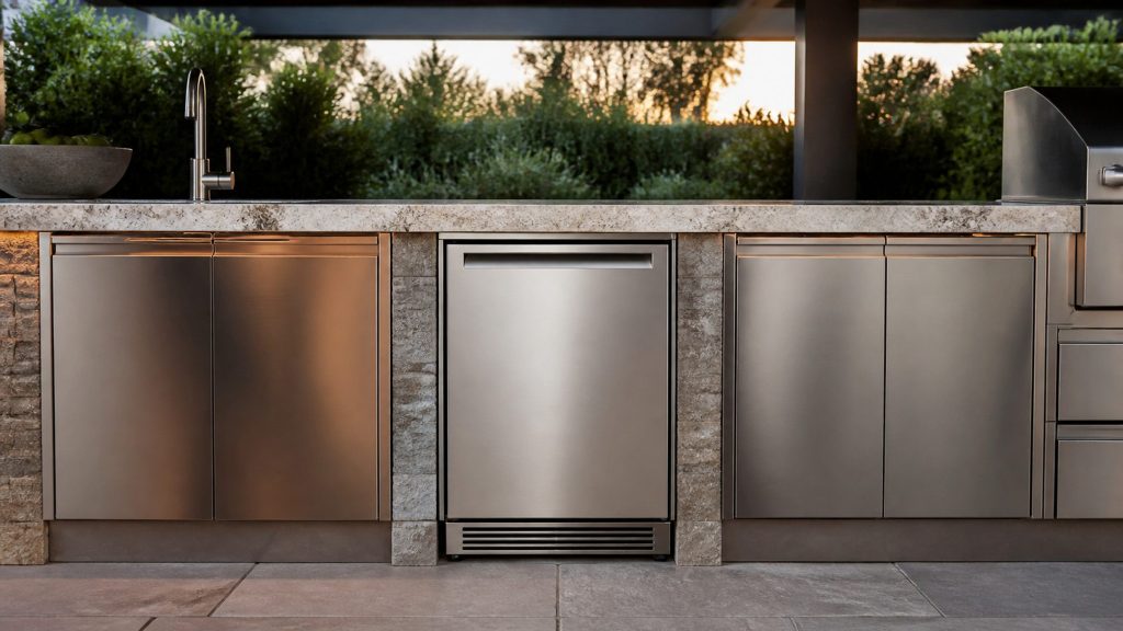 An undercounter ice maker built into a covered outdoor kitchen run on a terrace, stainless doors either side, planting and evening light beyond.