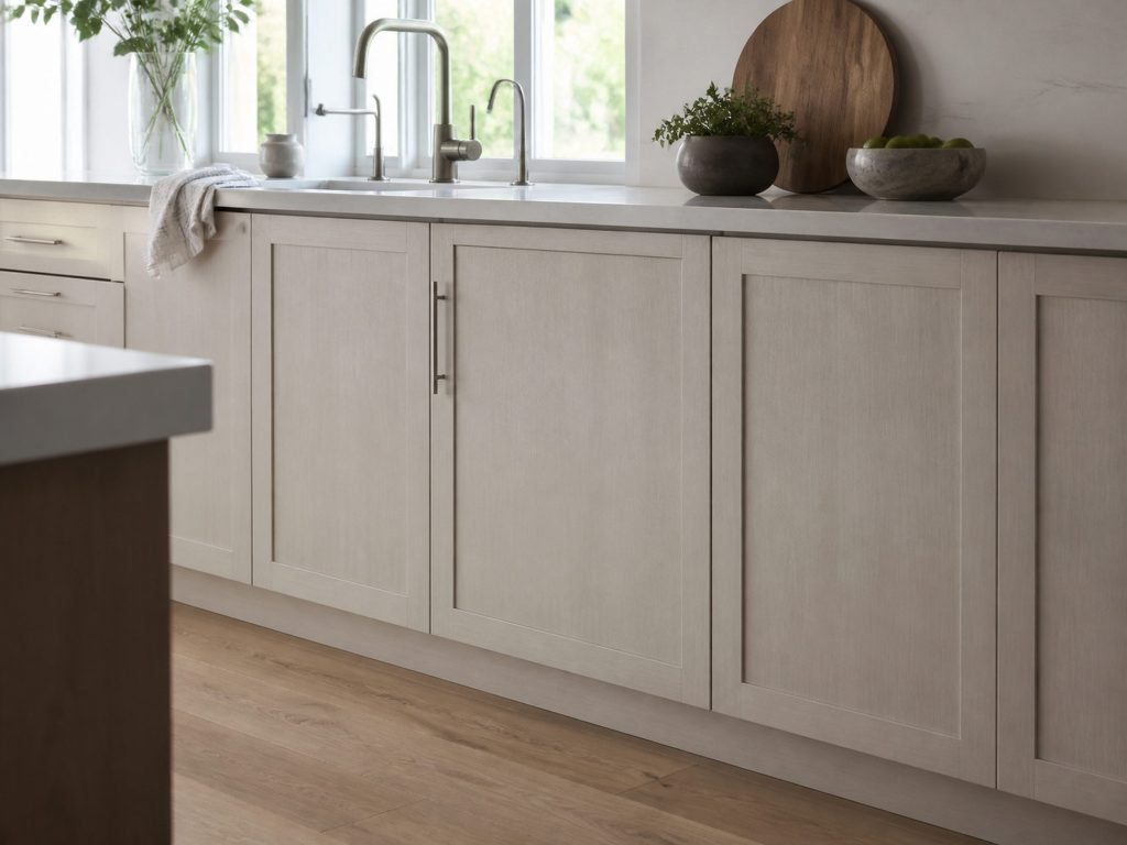 A panel-ready undercounter ice maker fitted with a cabinet front so it disappears into the run, only the toe kick and a slim handle giving it away.
