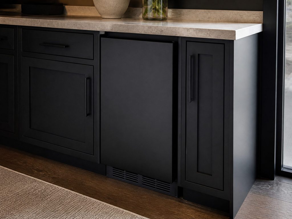 An 18-inch undercounter ice maker with a dark matte front, closed, built into the base cabinets of a dark kitchen beside a stone worktop.