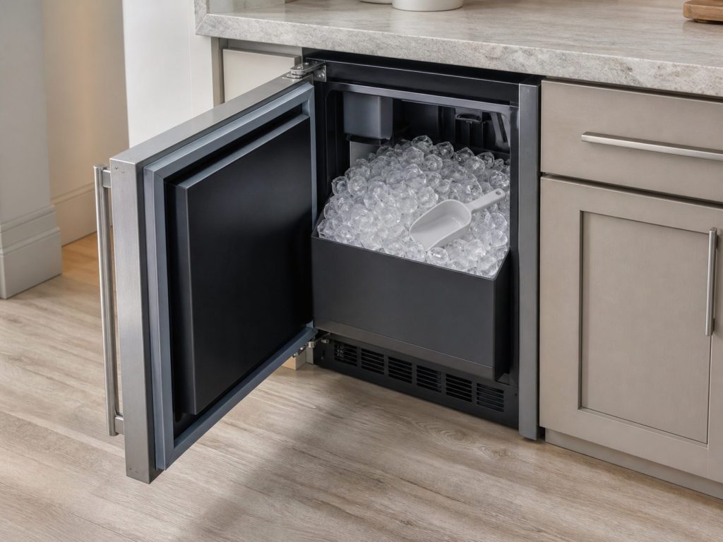 An 18-inch undercounter ice maker with its door open and the storage bin heaped with clear cubes, the scoop lying on top of them.