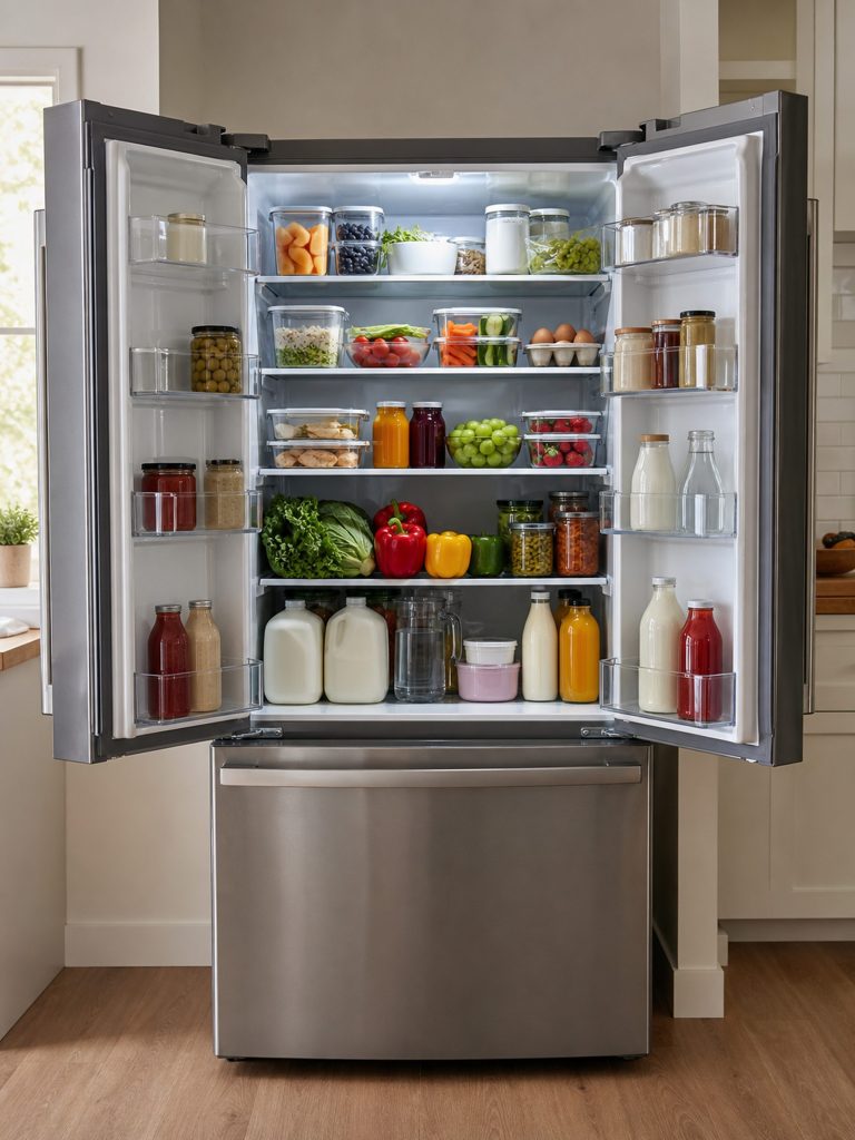 A very large French door refrigerator, both doors open, five glass shelves loaded from top to bottom with a week's shopping, the freezer drawer below closed.
