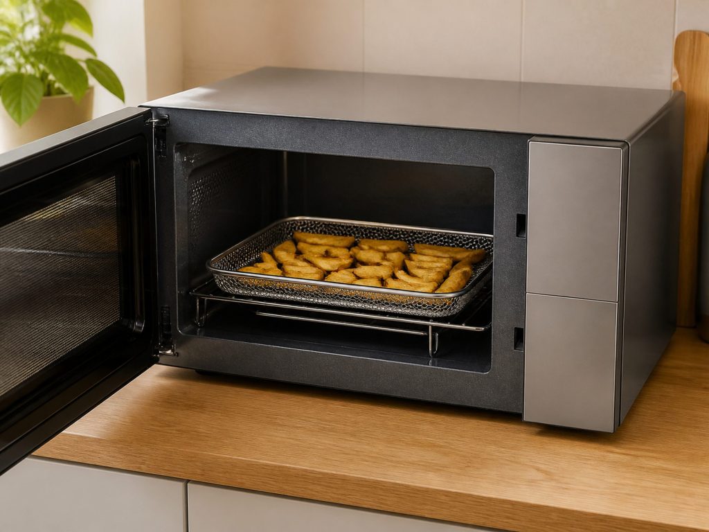 A metal air-fry basket standing on a rack inside an open countertop microwave, chips arranged in a single layer across it.