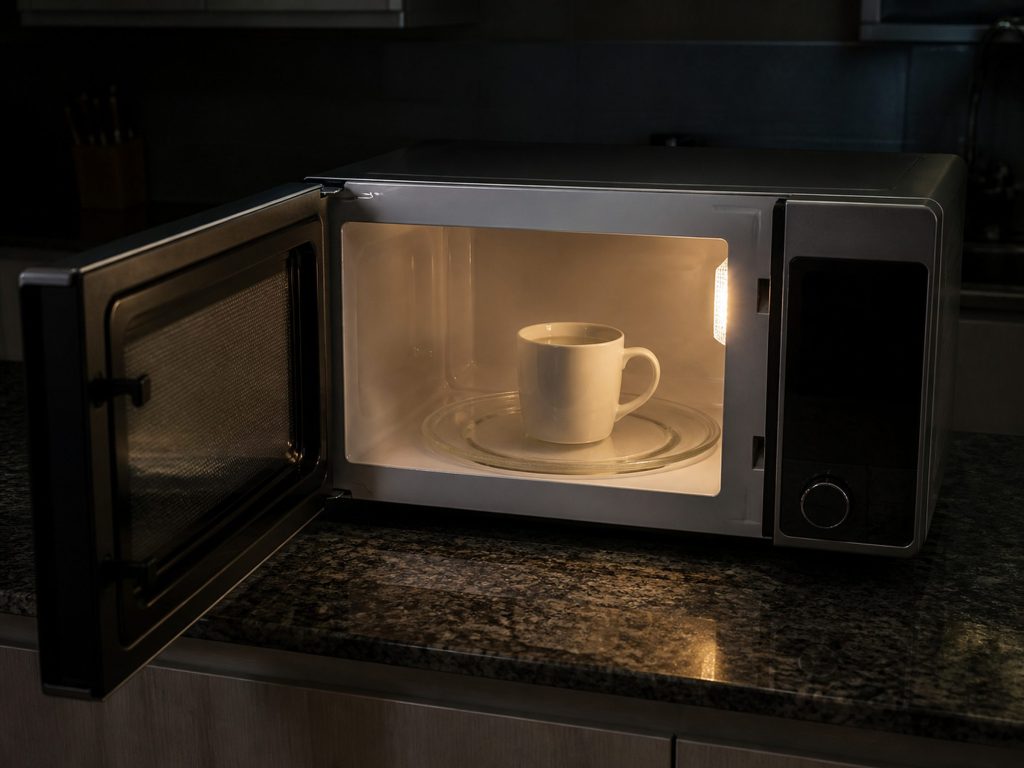 A countertop microwave with its door open and interior lit, a mug of water standing on the turntable, the kitchen behind it dark.
