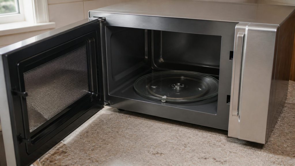 A large-capacity countertop microwave photographed from slightly above with the door open, showing the depth of the cavity and the wide turntable.