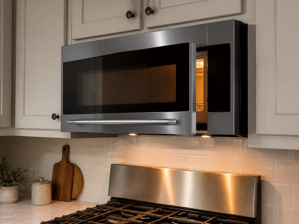 A microwave hood combination with a full-width bar handle, the door ajar and the cavity light spilling out over the range beneath.