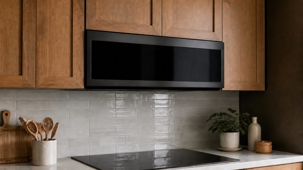 A slim low-profile microwave built into the underside of a wall cabinet above a cooktop, its door closed, the cabinetry trimmed tight around it.