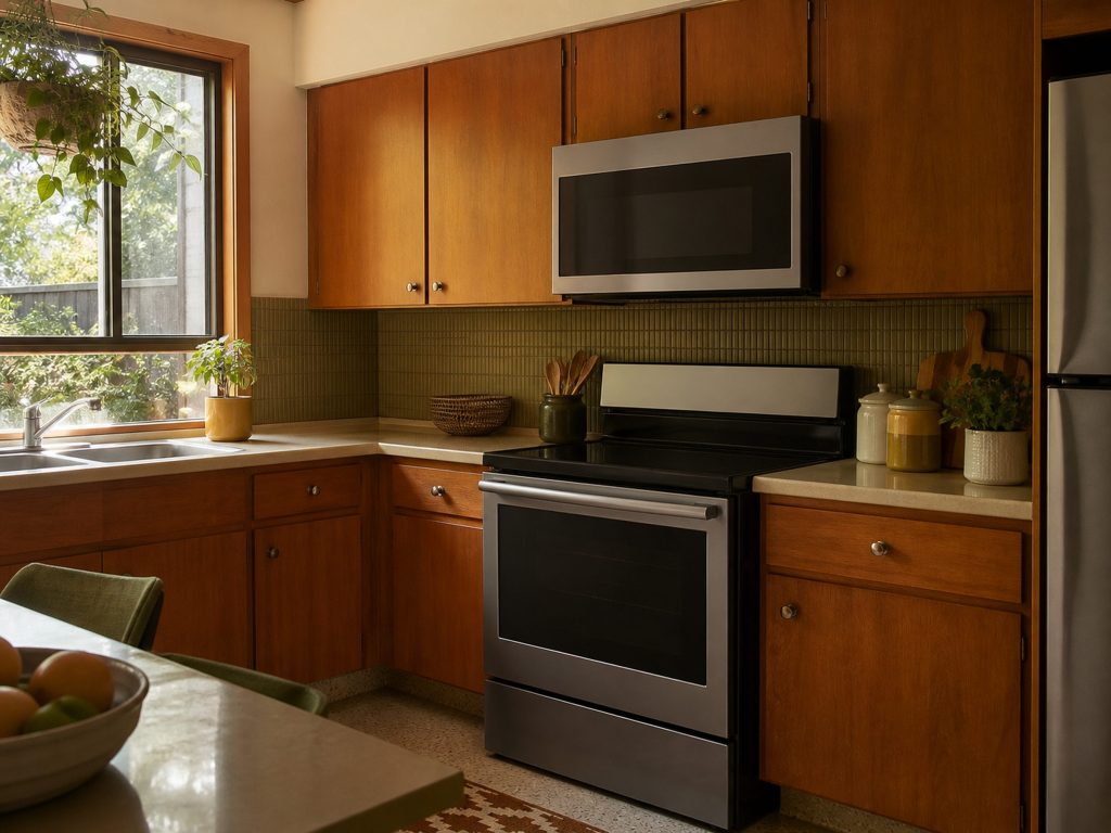 An over-the-range microwave mounted above a freestanding range in a mid-century kitchen, both closed, warm light from a window at the left.