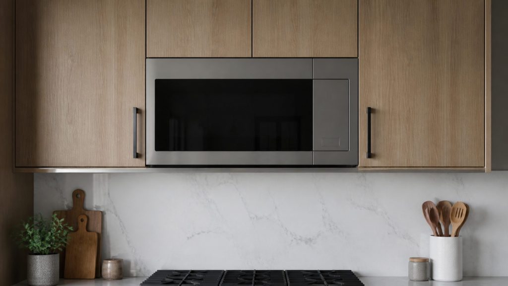 An over-the-range microwave fitted flush with the wall cabinets around it, its face sitting level with the cabinet doors on either side.