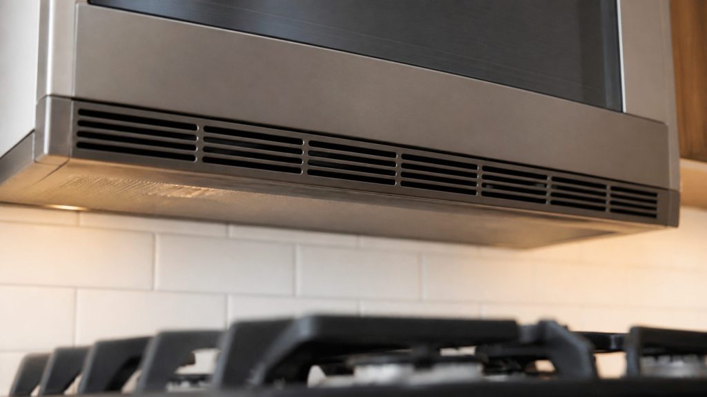 The front vent grille along the bottom edge of an over-the-range microwave, seen from below with the cooktop surface in the foreground out of focus.