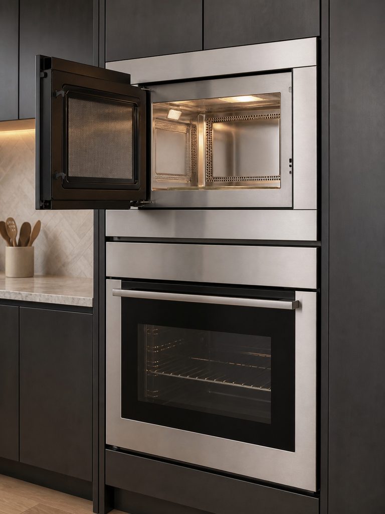 A 27-inch combination wall oven with the upper microwave door open on a lit cavity and the oven below closed, set into dark cabinetry.