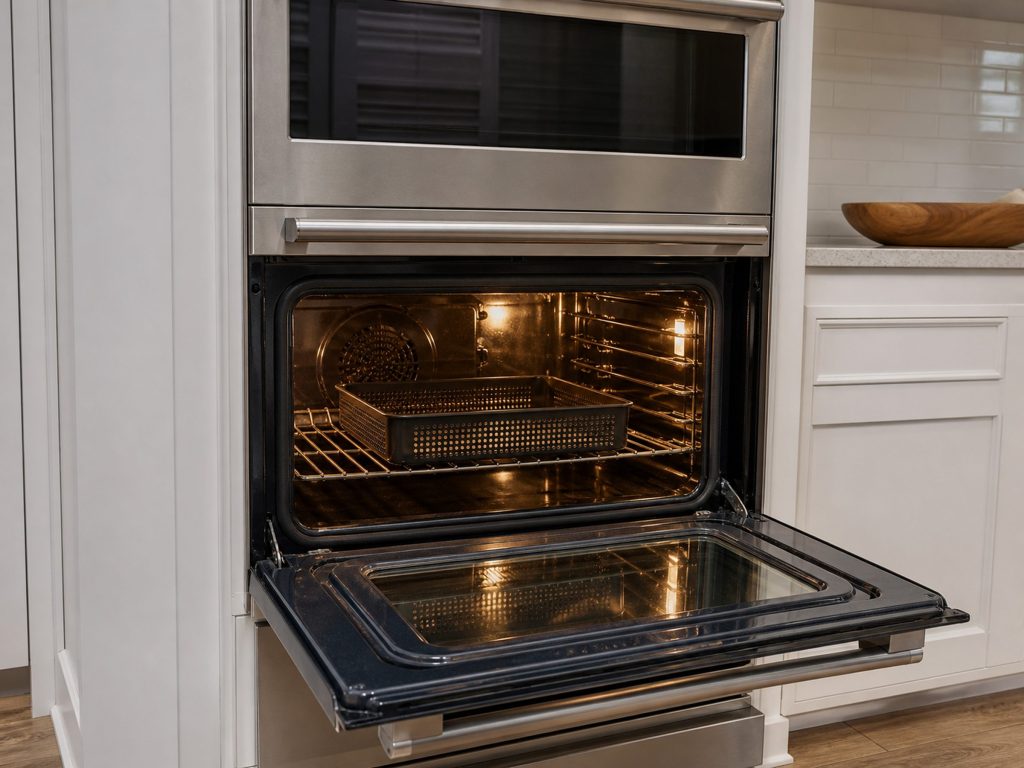 A perforated air-fry basket sitting on a rack in the lower cavity of a double wall oven, the door open flat and the cavity lit.