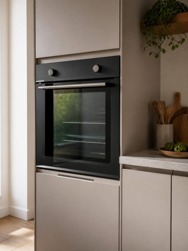 A single wall oven set into a tall cabinet column at chest height, door closed, a drawer beneath it and worktop to the right.