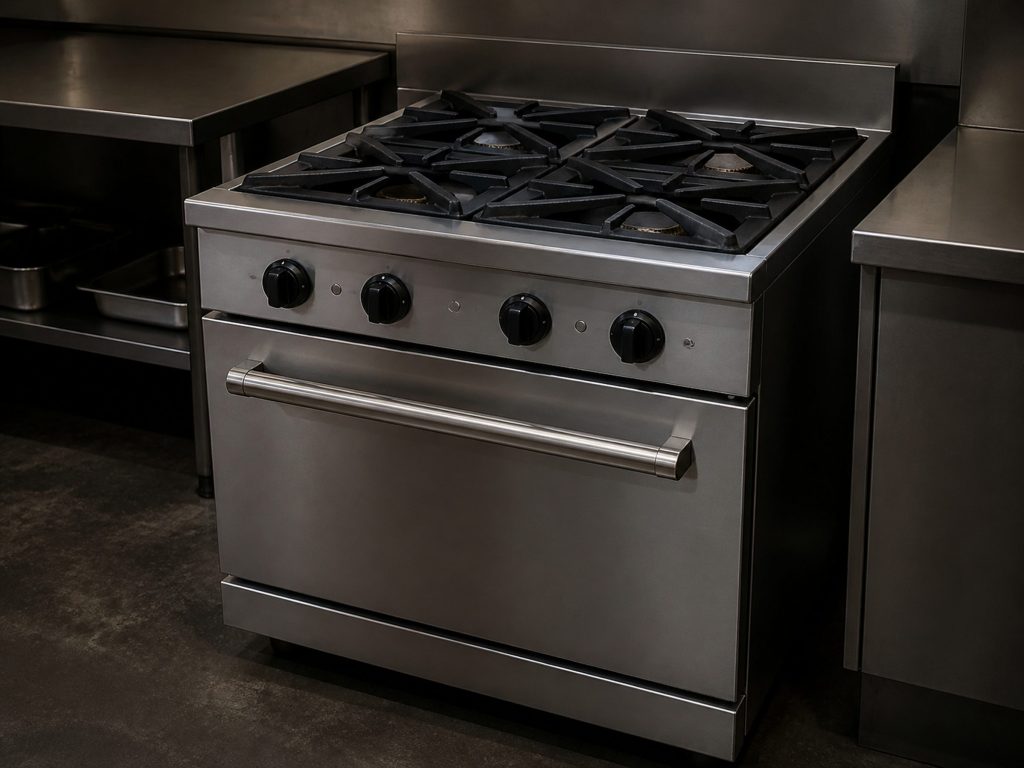 A commercial-style dual fuel range with four heavy burner grates and a thick handle across the single oven door, in a dark professional kitchen.