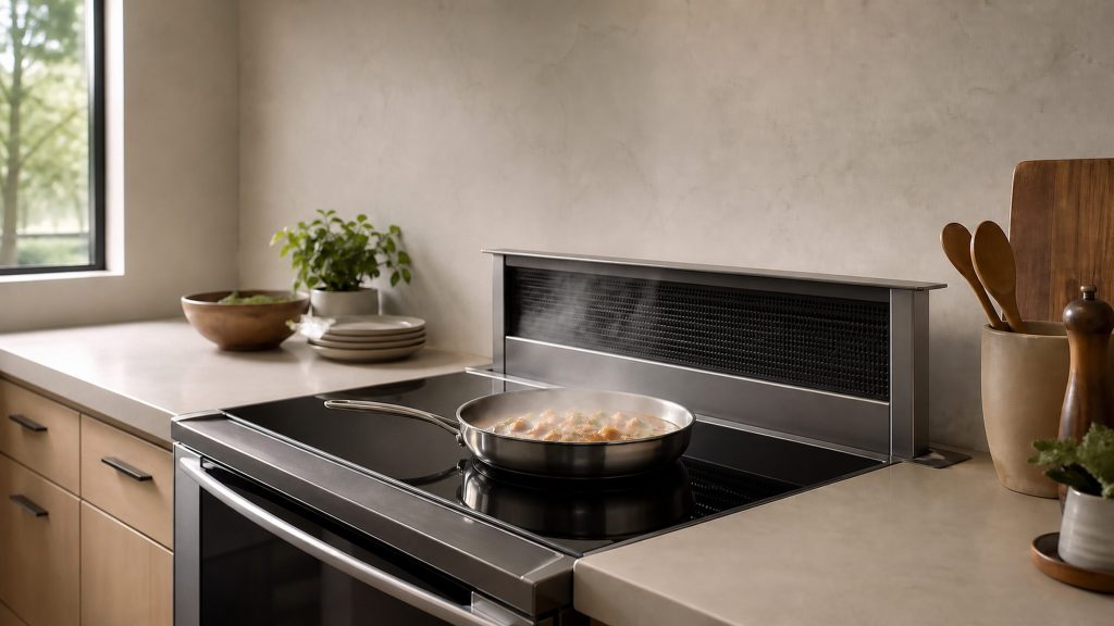 A downdraft vent risen from the back of a slide-in range's cooktop while a pan simmers in front of it, no hood above at all.