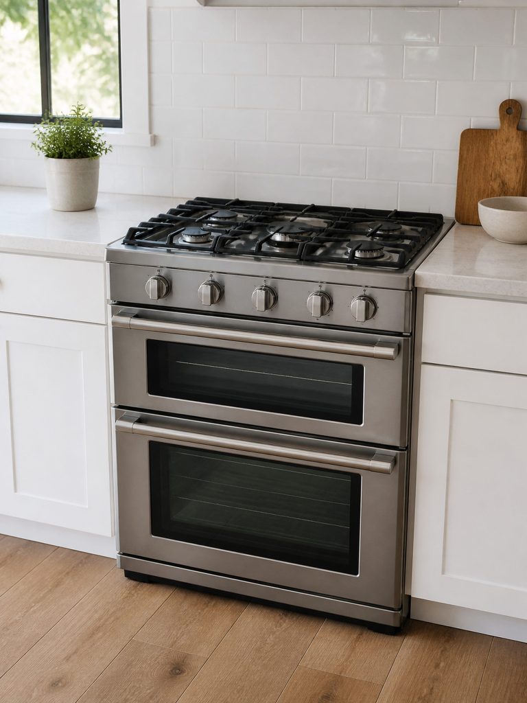 A 30-inch dual fuel double oven range with five gas burners on top and two oven doors below, standing in a run of white cabinets.