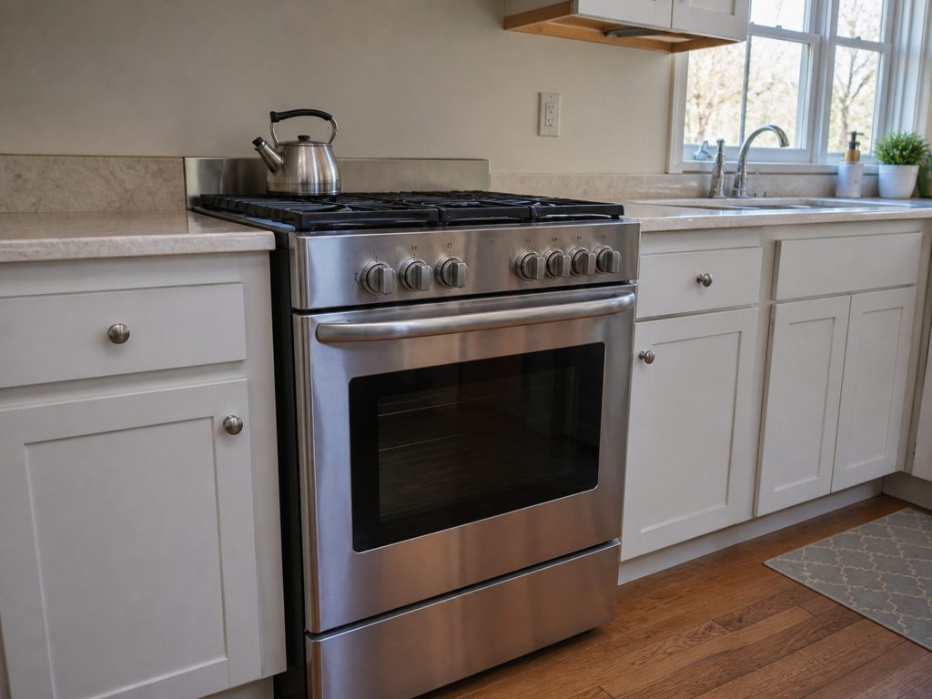 A freestanding stainless range slotted between white base cabinets, cooktop clear, a kettle on the back burner and a window above the sink beyond.