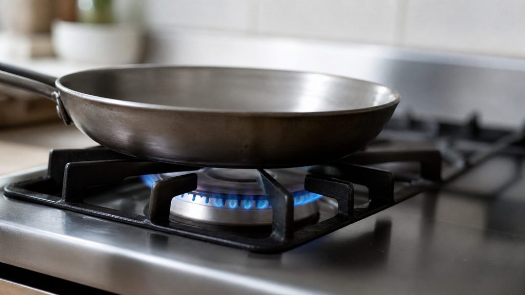One gas burner of a range lit under an empty pan, the grate and the burner cap in sharp focus and the rest of the cooktop falling away.