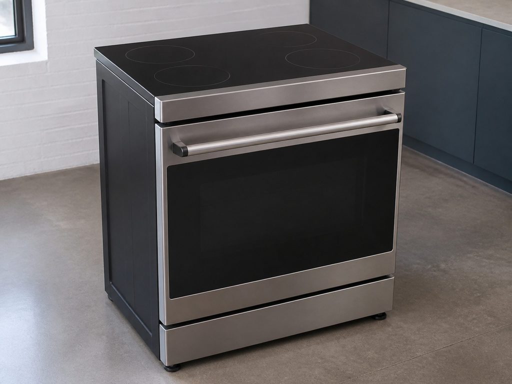 A commercial-style freestanding range with a smooth black induction top and a heavy handled oven door below, the top marked out in four cooking zones.