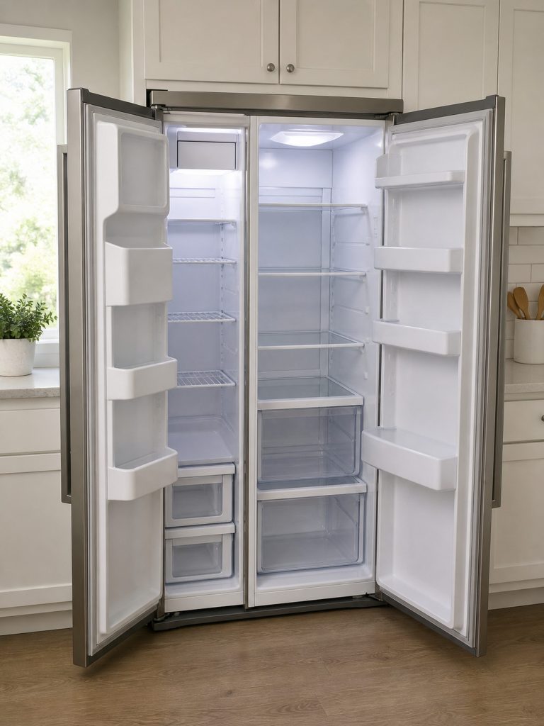 A counter-depth side-by-side refrigerator with both tall doors open at once — narrow freezer shelves on the left, refrigerator shelves on the right — in a plain white kitchen.