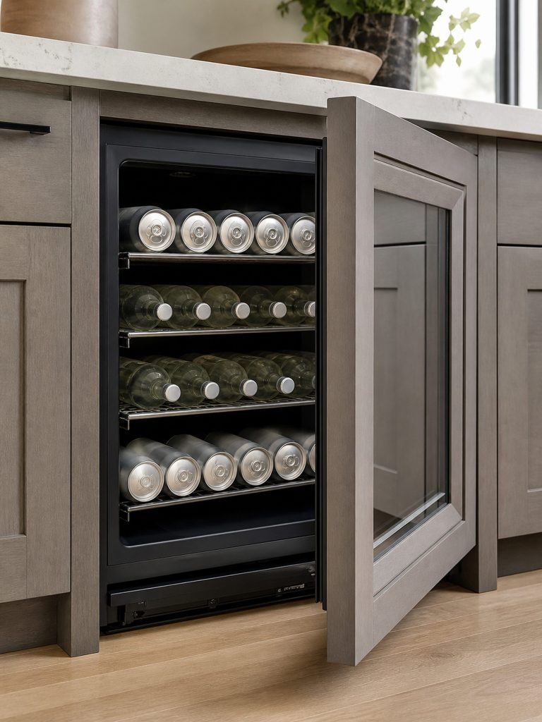 A panel-ready undercounter beverage center with a glass door, its frame clad to match the cabinets, cans and bottles lying on the racks inside.