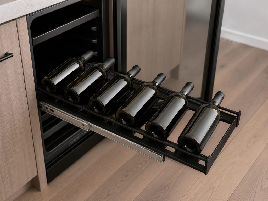 One wine rack pulled fully out of an undercounter cellar on its runners, six bottles lying nose to tail along it.
