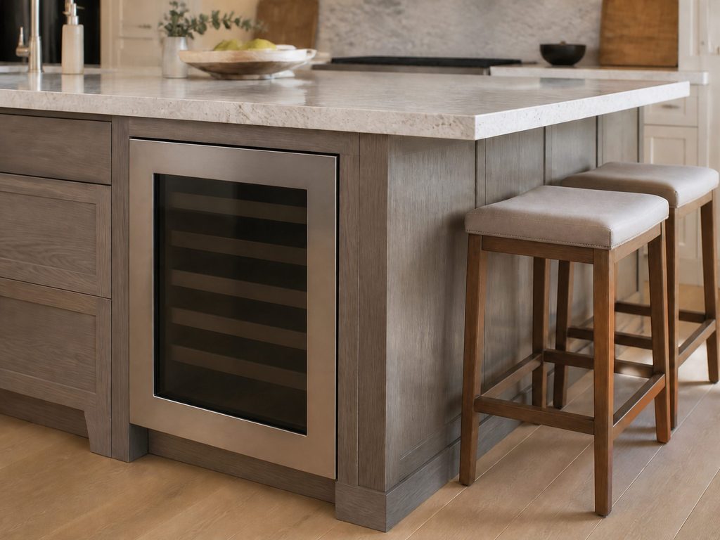 A stainless-fronted undercounter wine cellar built into the side of a kitchen island, closed, stone overhang and stools above it.