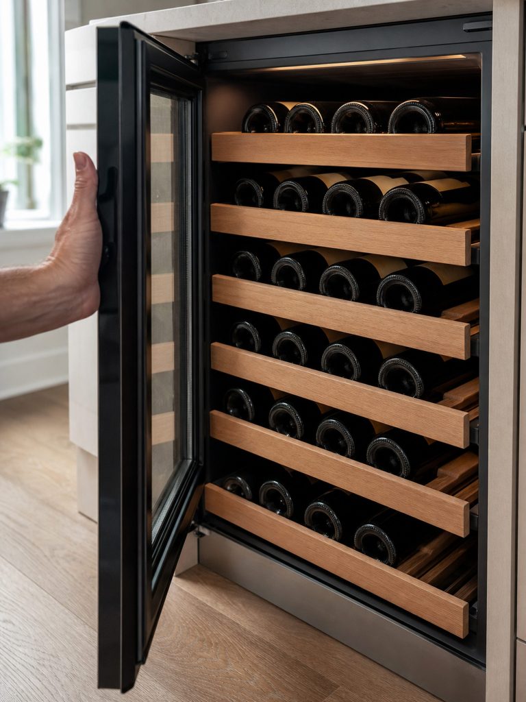 The stack of wood-front racks inside an open undercounter wine cellar, bottles lying on each, the door held wide by a hand at the edge.