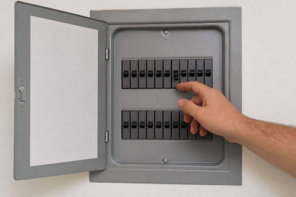 An open household electrical panel on a wall, two neat rows of identical grey breakers, one of them flipped down, and a hand reaching toward it.