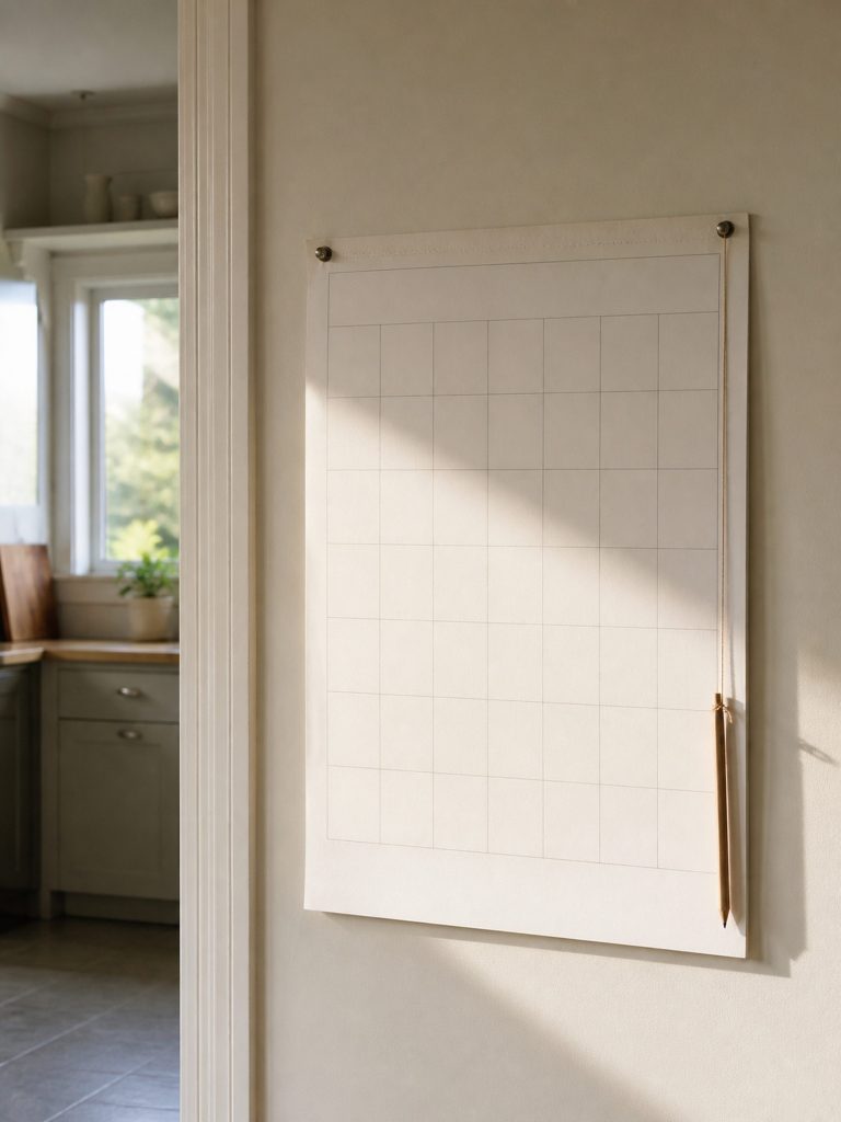 A blank paper wall planner pinned beside a kitchen doorway with a pencil hanging from a string, morning light across it.