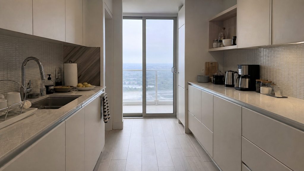 A compact high-rise condominium kitchen with a galley layout, pale cabinets both sides, a sliding door at the end with a balcony and hazy sky beyond.