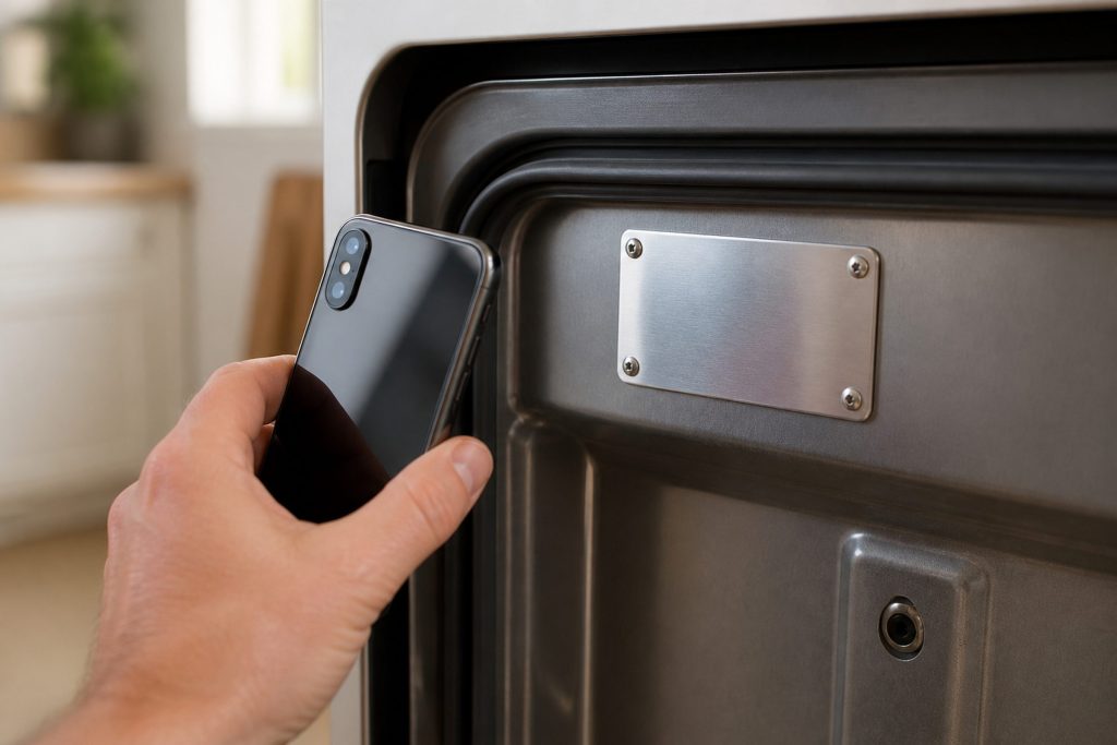 A hand holding a phone up to photograph a blank metal label riveted inside an appliance door frame.