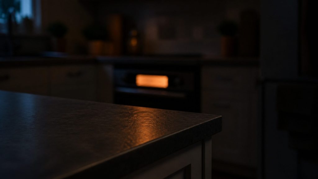 A dark kitchen at night with one appliance display glowing warm orange out of focus in the middle distance, the counter edge sharp in the foreground.