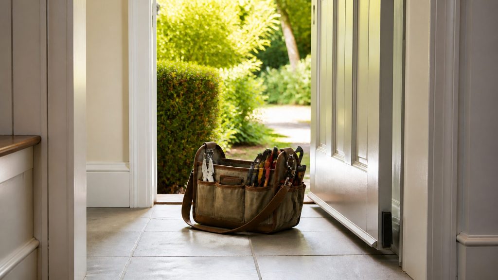 An open front door seen from inside a bright hallway, sunlight and green planting outside, a canvas tool bag set down on the threshold tiles.