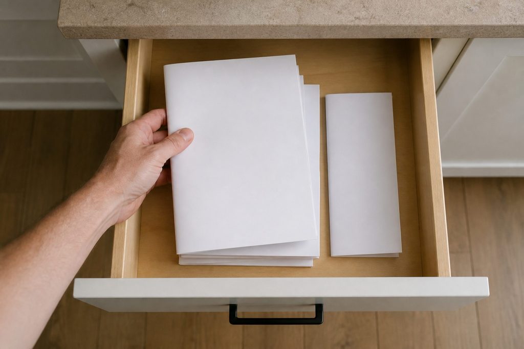A kitchen drawer pulled open with a stack of plain unmarked booklets and a folded paper inside, a hand lifting the top one.