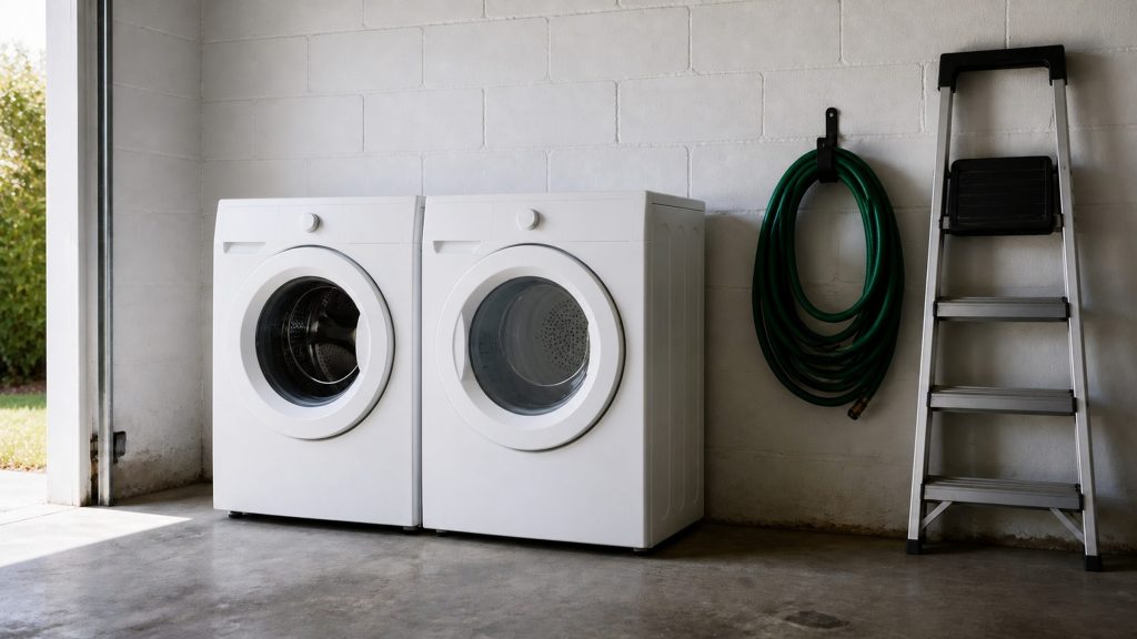 Inside a residential garage: a white washing machine and a white dryer standing together against a painted block wall, a coiled garden hose on a hook beside them and a folded stepladder leaning nearby.