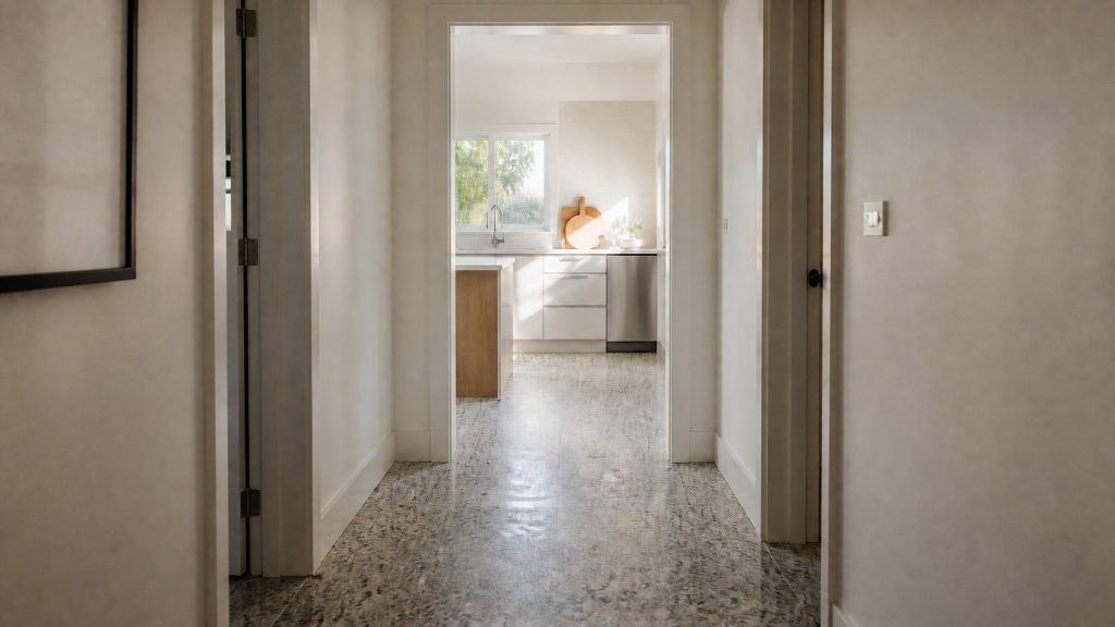 A hallway looking through to a bright kitchen at the end of it, terrazzo floor, a doorway framing the view, sunlight on the far counter.