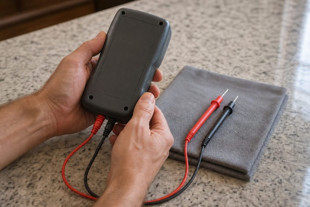 Two hands holding a multimeter with its probes resting on a folded cloth, on a stone counter.