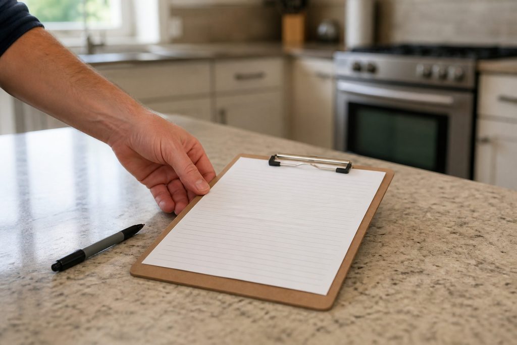 A clipboard with a blank printed form on it resting on a kitchen counter beside a pen, a hand about to pick it up.