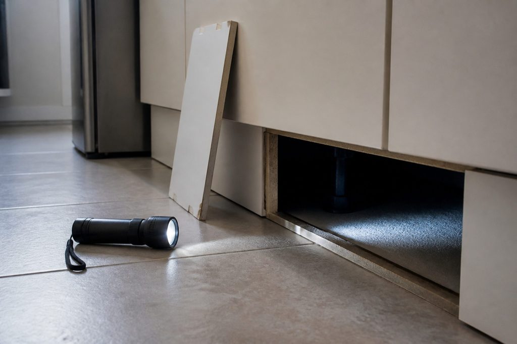 A removed kitchen kickplate panel leaning against the cabinet next to the dark gap where it came from, a torch lying on the tile floor with its beam into the gap.