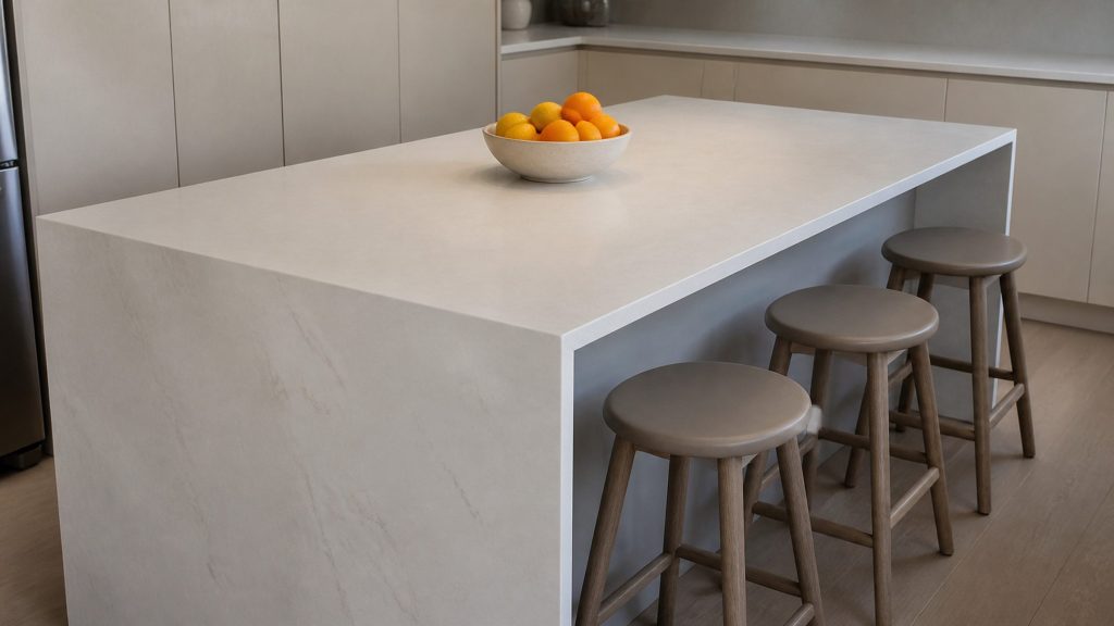 A large kitchen island in white stone seen from one corner, three stools along it, a bowl of citrus, pale cabinets behind, soft daylight and no direct sun.