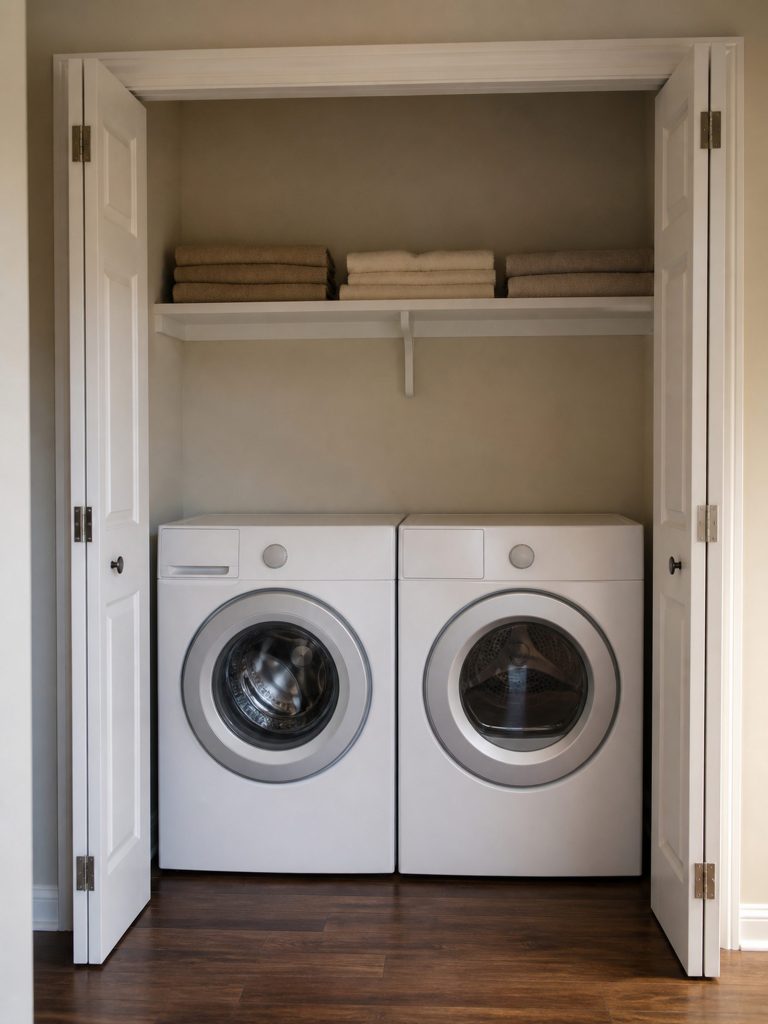 A domestic laundry closet with bifold doors folded back, a front-loading machine and a dryer side by side in the recess, a shelf of folded towels above, tight clearance on both sides.
