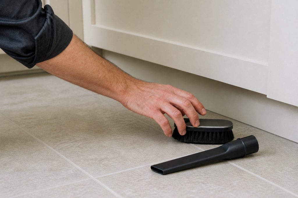 A soft brush and a slim vacuum crevice tool lying on a pale tile kitchen floor next to a cabinet kickplate, a forearm in a dark work shirt reaching in from the edge of frame.