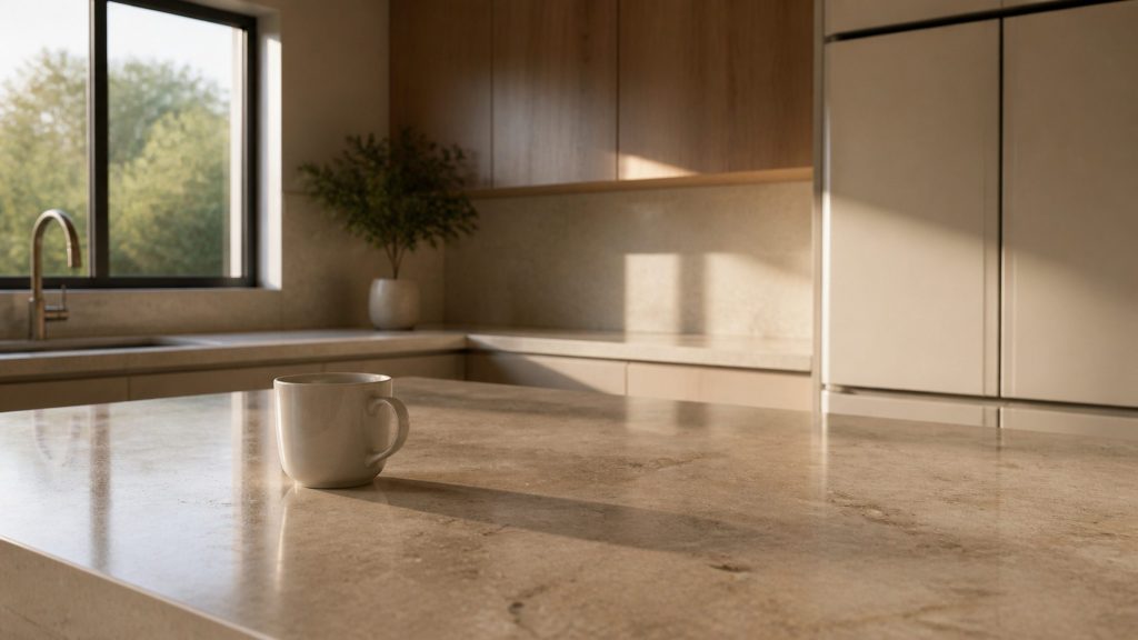An empty kitchen early in the morning, low warm light across a stone counter, a single coffee cup left out, everything else put away.